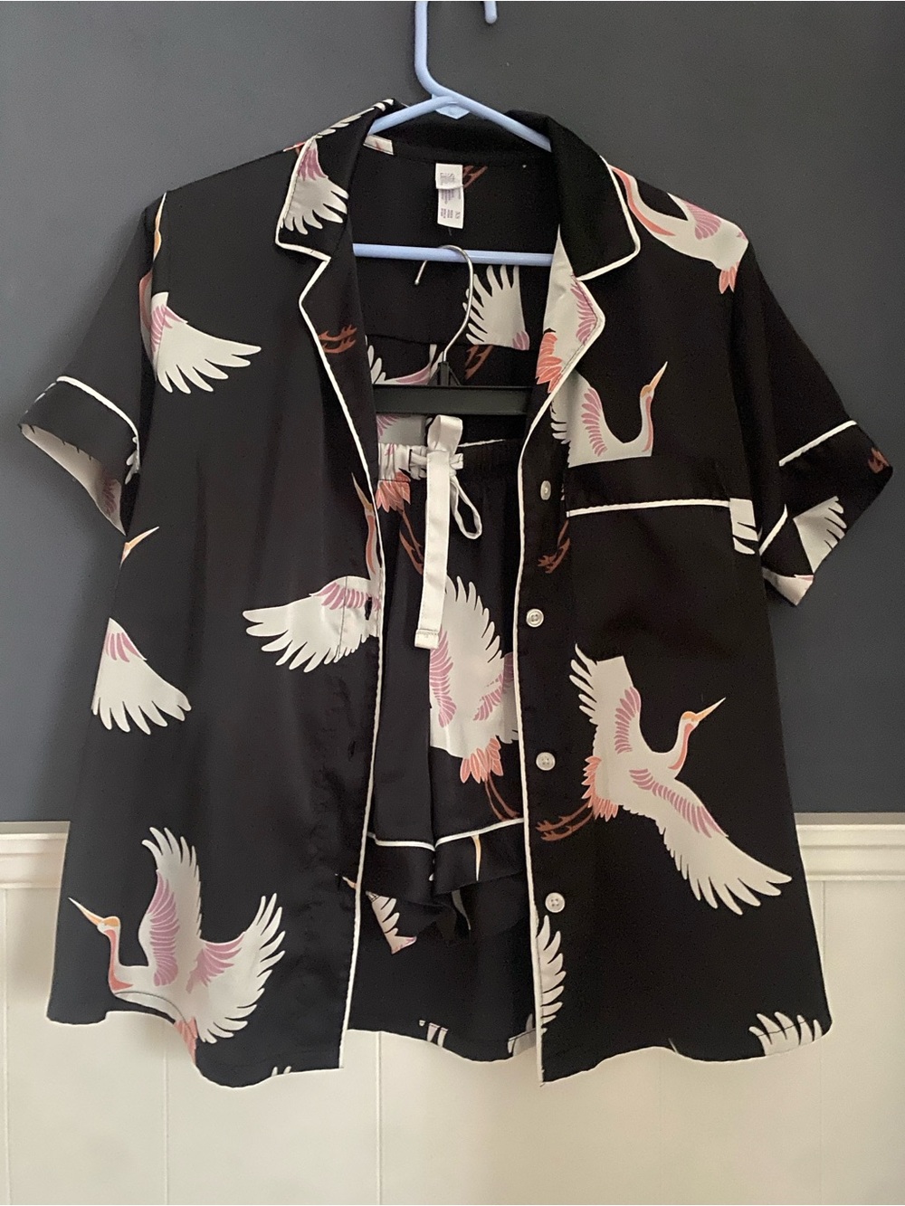 Stars Above Black Satin Crane Bird Print Pajama Set XS Short Sleeve